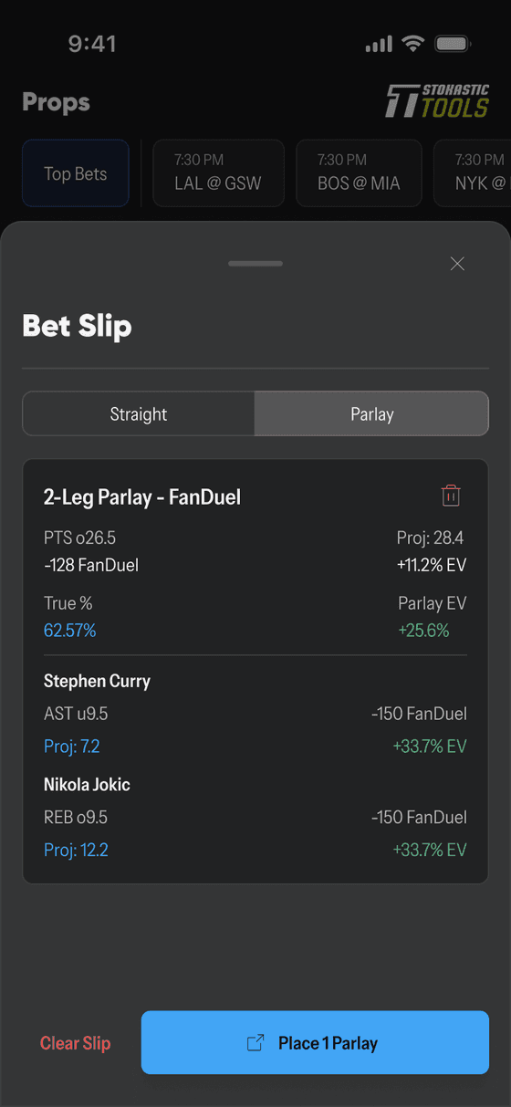 Bet slip with multiple player prop legs in Stokastic Props