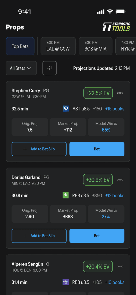 Stokastic Props feed pricing every player prop against Stokastic projections