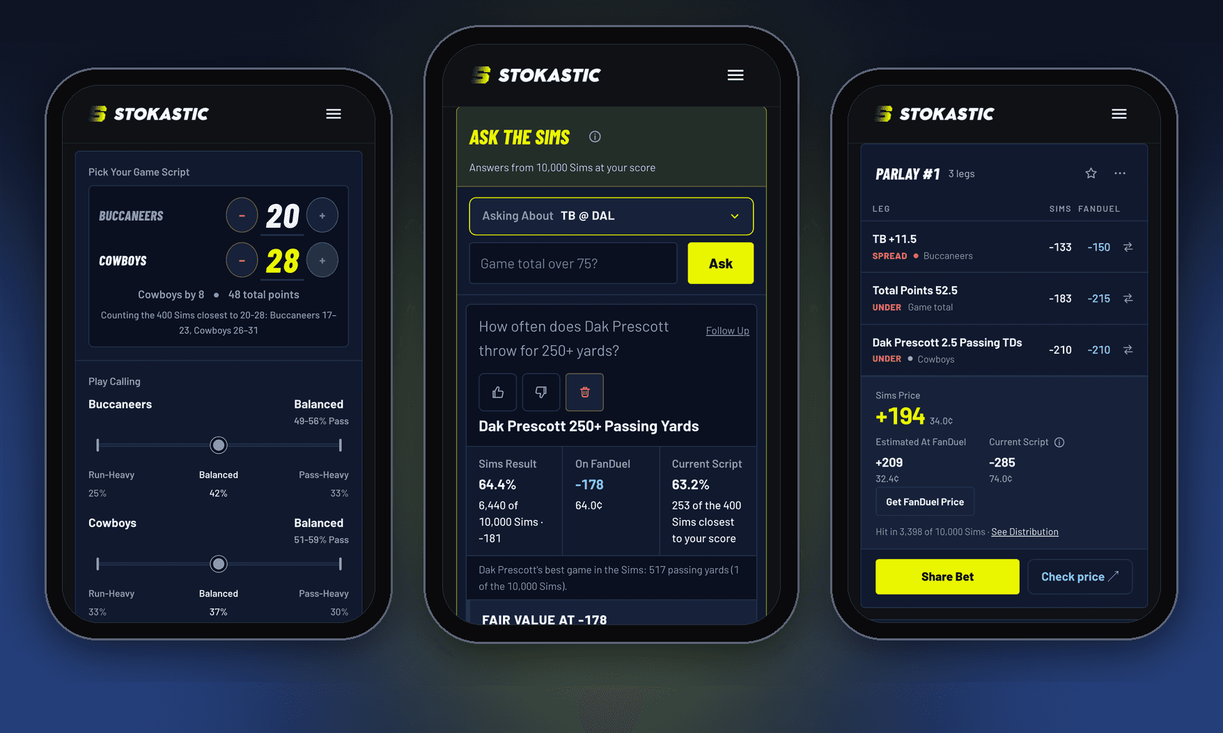 The FanDuel Parlay Simulator on three phones: pick the final score, ask the Sims a question, and a priced parlay next to the FanDuel odds