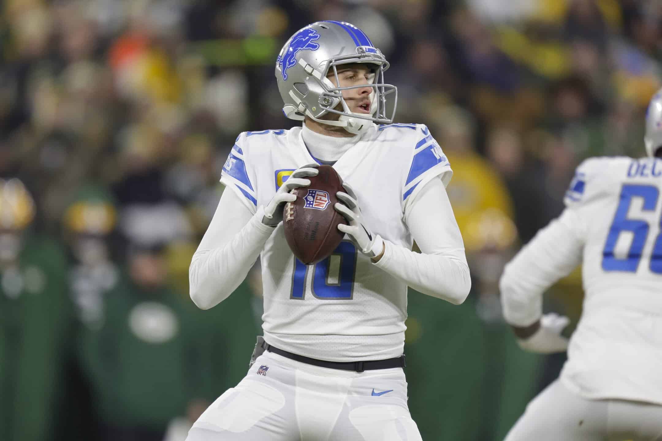 The top DraftKings Pick6 NFL predictions today for Lions-Packers (Dec. 5) include a play on quarterback Jared Goff...